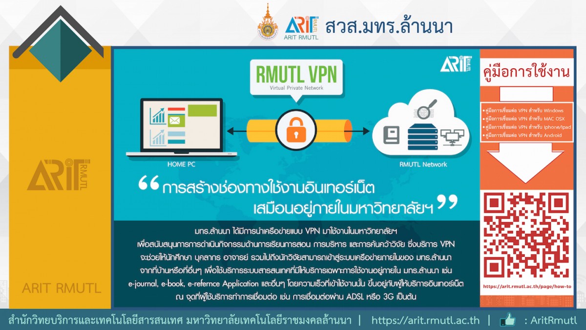 สวส.มทร.ล้านนา แนะนำบริการ : RMUTL VPN การสร้างช่องทางใช้งานอินเทอร์เน็ตเสมือนภายในมหาวิทยาลัยฯ