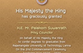 Image : His Majesty the King has graciously granted H.E. Mr.Palakorn Suwanrath Privy Councilor on behalf of His Majesty the king to confer degrees to graduates from RMUTL